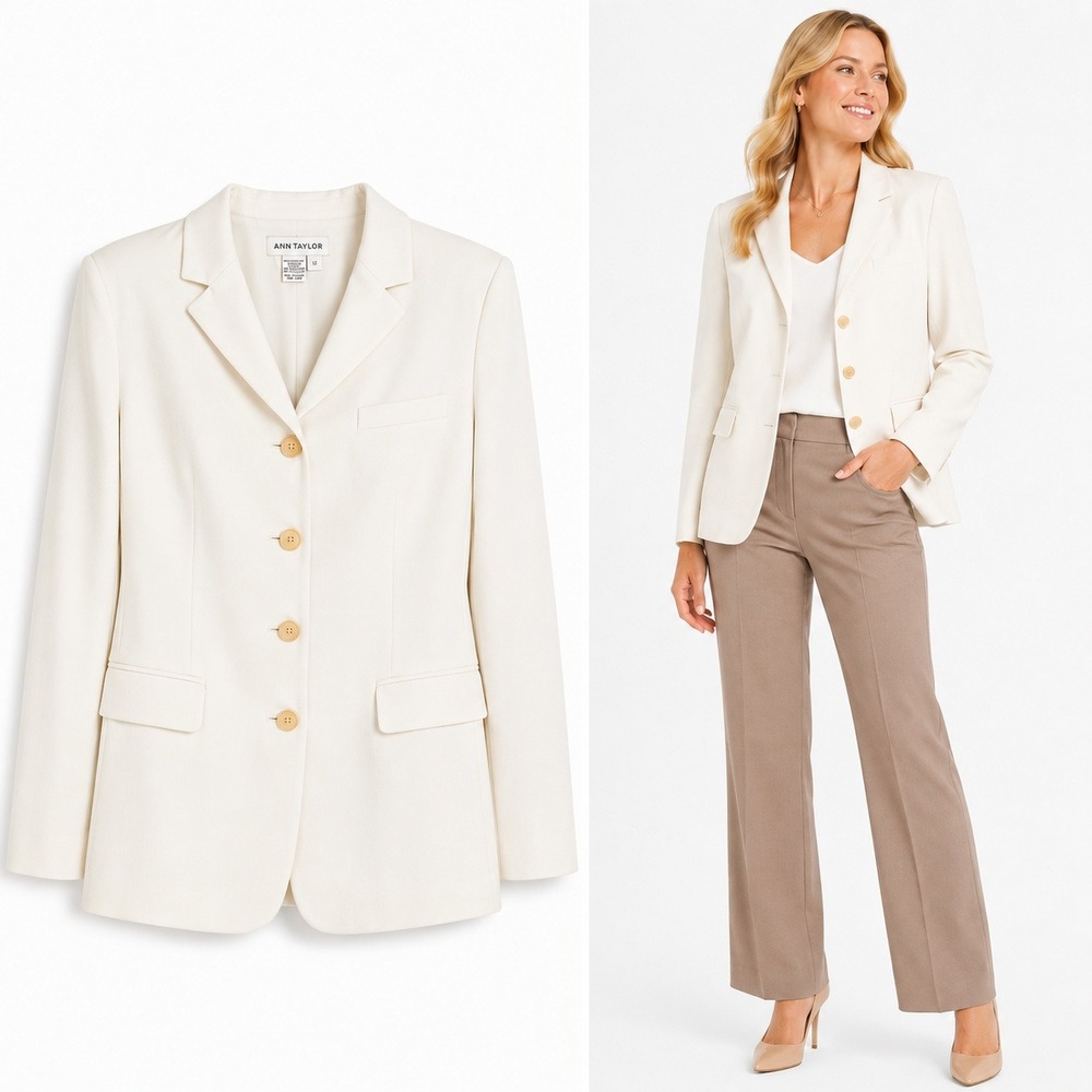 Ann Taylor Blazer Women 12 White Vintage Button Front Lined Professional Jacket